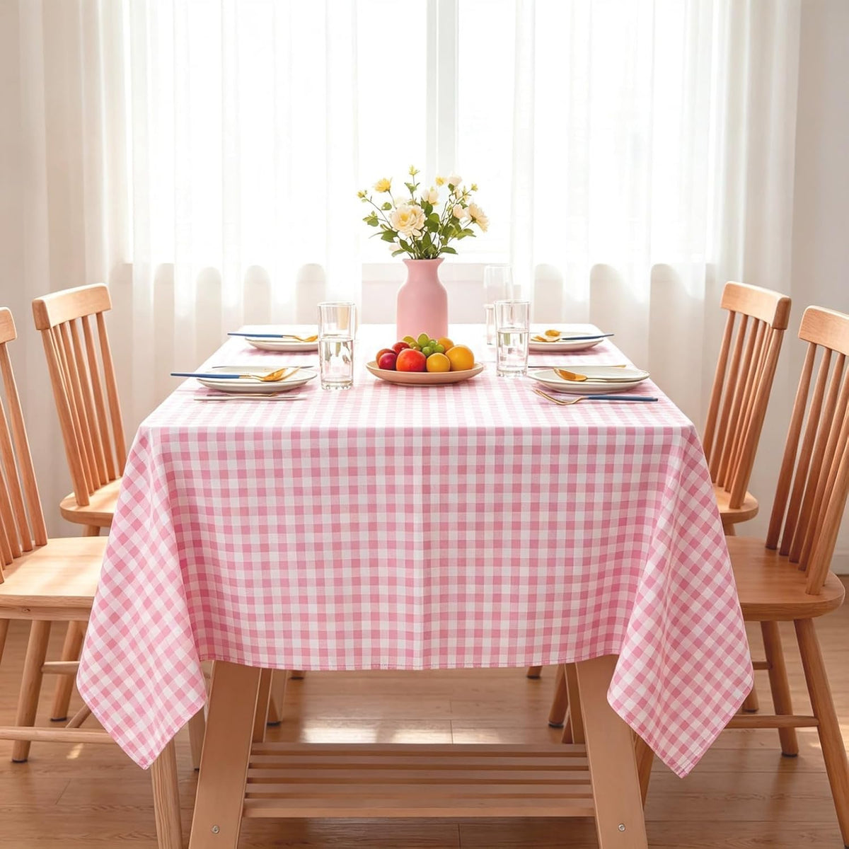Pink Gingham Tablecloth 54x108 Cotton Rectangle Plaid Picnic Holiday Dining