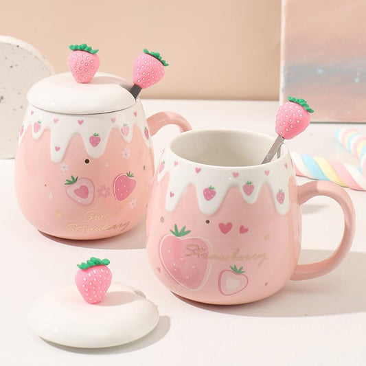 Pink Mug, Cute Strawberry Cup with Cover Spoon, Ceramic Cute Coffee Mugs with strainer, Kawaii Cup for Tea Milk, Gift for Women Girls Student Korean Style 450ML Christmas Birthday