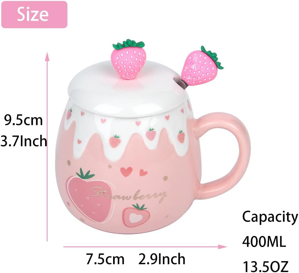 Pink Mug, Cute Strawberry Cup with Cover Spoon, Ceramic Cute Coffee Mugs with strainer, Kawaii Cup for Tea Milk, Gift for Women Girls Student Korean Style 450ML Christmas Birthday