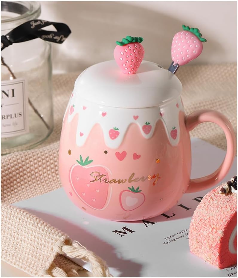 Pink Mug, Cute Strawberry Cup with Cover Spoon, Ceramic Cute Coffee Mugs with strainer, Kawaii Cup for Tea Milk, Gift for Women Girls Student Korean Style 450ML Christmas Birthday