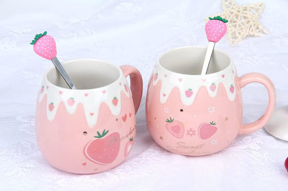 Pink Mug, Cute Strawberry Cup with Cover Spoon, Ceramic Cute Coffee Mugs with strainer, Kawaii Cup for Tea Milk, Gift for Women Girls Student Korean Style 450ML Christmas Birthday
