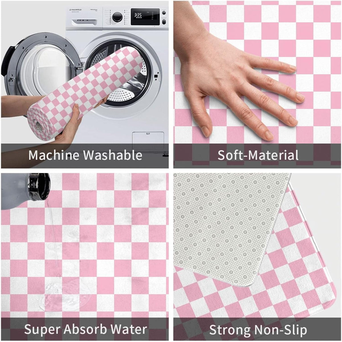 Bathroom Rugs Non Slip Washable - Pink Pastel Checkered Print Kitchen Mats for Floor, Area Rugs for Entryway Mats Indoor, Bathroom Laundry Room Door Rug with Rubber Backing 20 x 31.5 Inch