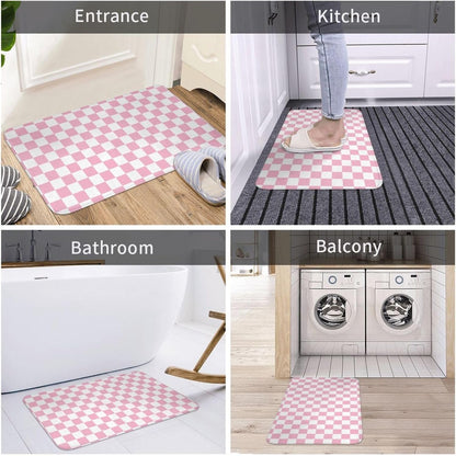 Bathroom Rugs Non Slip Washable - Pink Pastel Checkered Print Kitchen Mats for Floor, Area Rugs for Entryway Mats Indoor, Bathroom Laundry Room Door Rug with Rubber Backing 20 x 31.5 Inch