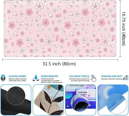 Pink Cherry Blossom Large Mouse Pad XXL 31.5''x15.7'', Pastel Anime Aesthetics Desk Pad Keyboard Mat Big Gaming Deskmat, Extended Mousepad Desk Accessories for Women Office Decor