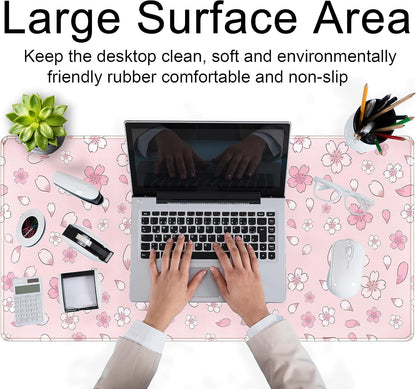Pink Cherry Blossom Large Mouse Pad XXL 31.5''x15.7'', Pastel Anime Aesthetics Desk Pad Keyboard Mat Big Gaming Deskmat, Extended Mousepad Desk Accessories for Women Office Decor