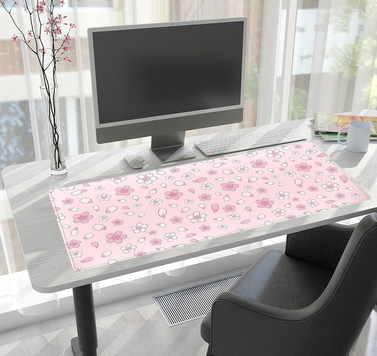 Pink Cherry Blossom Large Mouse Pad XXL 31.5''x15.7'', Pastel Anime Aesthetics Desk Pad Keyboard Mat Big Gaming Deskmat, Extended Mousepad Desk Accessories for Women Office Decor