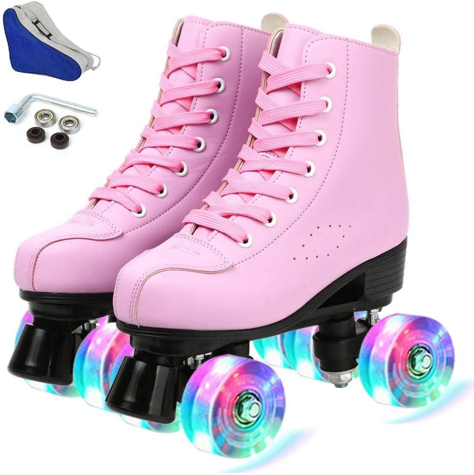 Roller Skates for Women Men, High Top PU Leather Classic Double-Row, Indoor Outdoor, Beginner Shoes Bag
