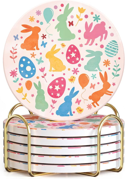 Pink Ceramic Coasters Set of 6 with Metal Holder - Absorbent Stone Coasters, Cute Floral Bunny Decorative Cup Mats for Coffee Table, Non-Slip Cork Base, Housewarming Kitchen Decor Gift