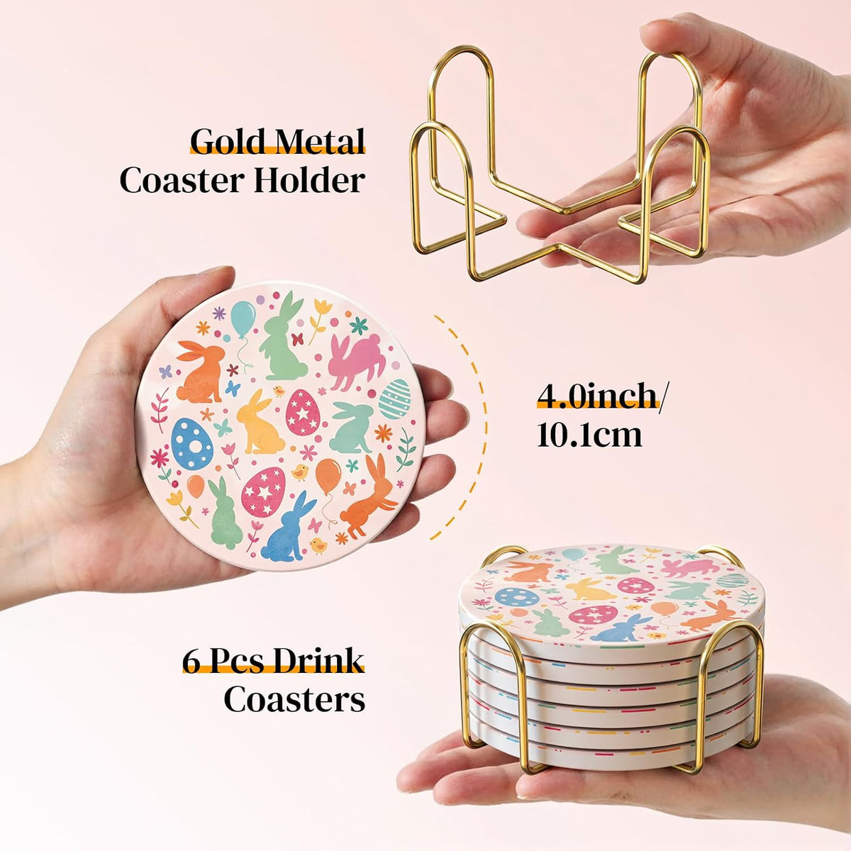 Pink Ceramic Coasters Set of 6 with Metal Holder - Absorbent Stone Coasters, Cute Floral Bunny Decorative Cup Mats for Coffee Table, Non-Slip Cork Base, Housewarming Kitchen Decor Gift
