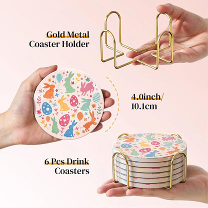 Pink Ceramic Coasters Set of 6 with Metal Holder - Absorbent Stone Coasters, Cute Floral Bunny Decorative Cup Mats for Coffee Table, Non-Slip Cork Base, Housewarming Kitchen Decor Gift