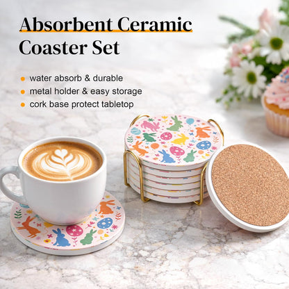 Pink Ceramic Coasters Set of 6 with Metal Holder - Absorbent Stone Coasters, Cute Floral Bunny Decorative Cup Mats for Coffee Table, Non-Slip Cork Base, Housewarming Kitchen Decor Gift