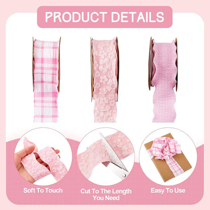 3 Rolls Floral Ruffled Ribbons 1-5/8 Pink Plaid Checkered Ribbon Rustic Farmhouse Pastel Polyester Gingham Plated Trim for Big Bow Wedding Gift Wrapping Flower Bouquets Wreath Party Decor 29.52 Yards