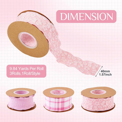 3 Rolls Floral Ruffled Ribbons 1-5/8 Pink Plaid Checkered Ribbon Rustic Farmhouse Pastel Polyester Gingham Plated Trim for Big Bow Wedding Gift Wrapping Flower Bouquets Wreath Party Decor 29.52 Yards