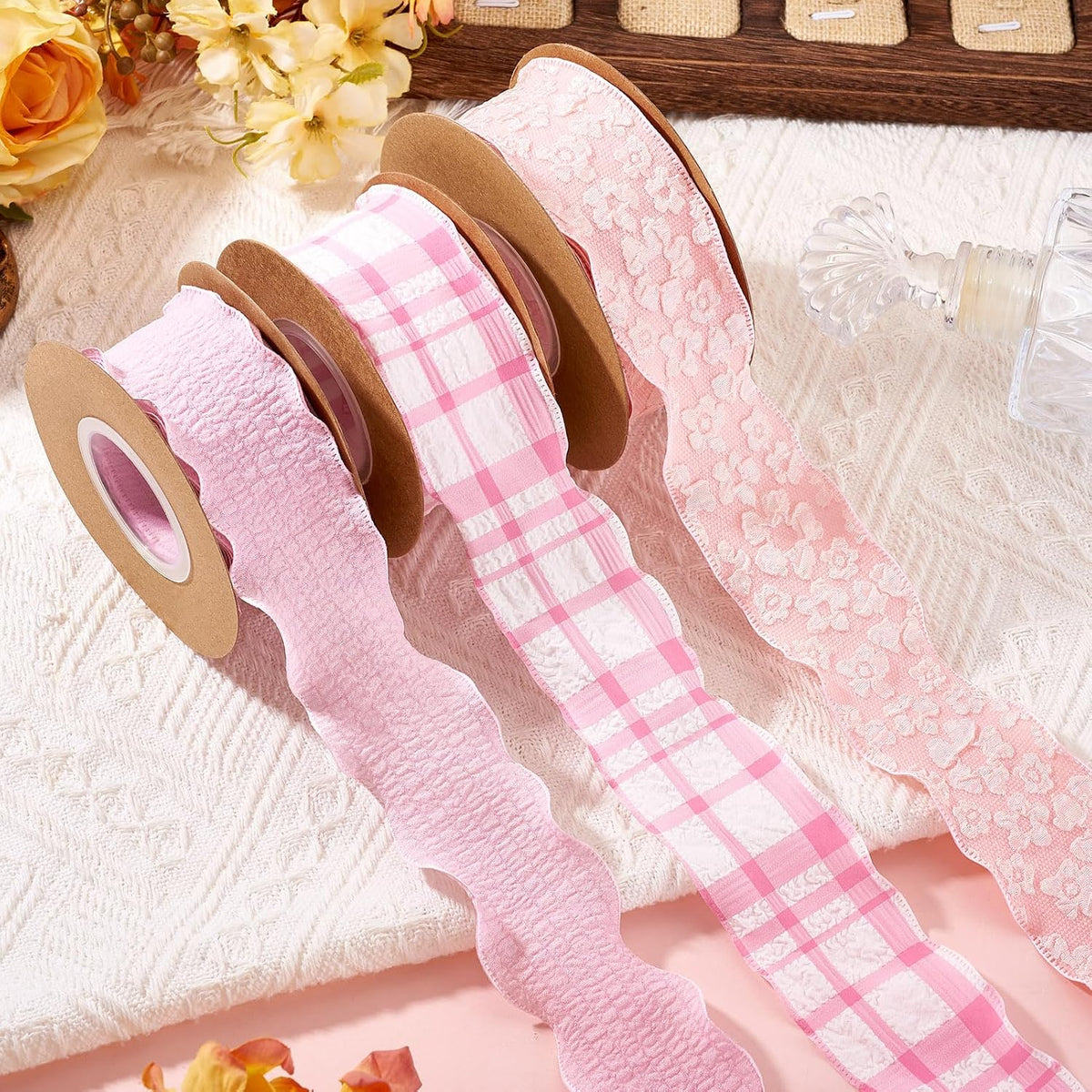 3 Rolls Floral Ruffled Ribbons 1-5/8 Pink Plaid Checkered Ribbon Rustic Farmhouse Pastel Polyester Gingham Plated Trim for Big Bow Wedding Gift Wrapping Flower Bouquets Wreath Party Decor 29.52 Yards