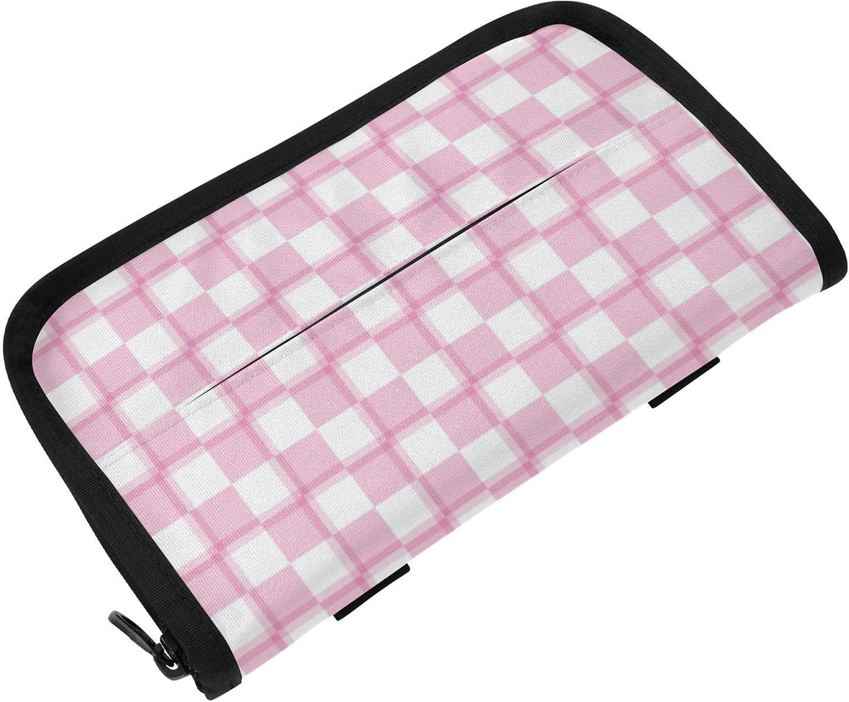 Car Tissue Holder Car Napkin Holder Car Tissue Box Dispenser Storage Case Sun Visor Mask Holder with Adjustable Straps Reusable Refillable Pink and White Checkerboard