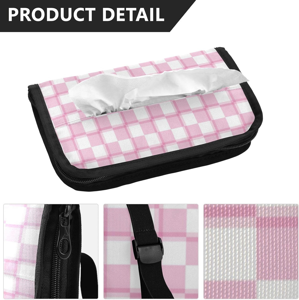 Car Tissue Holder Car Napkin Holder Car Tissue Box Dispenser Storage Case Sun Visor Mask Holder with Adjustable Straps Reusable Refillable Pink and White Checkerboard