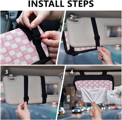 Car Tissue Holder Car Napkin Holder Car Tissue Box Dispenser Storage Case Sun Visor Mask Holder with Adjustable Straps Reusable Refillable Pink and White Checkerboard