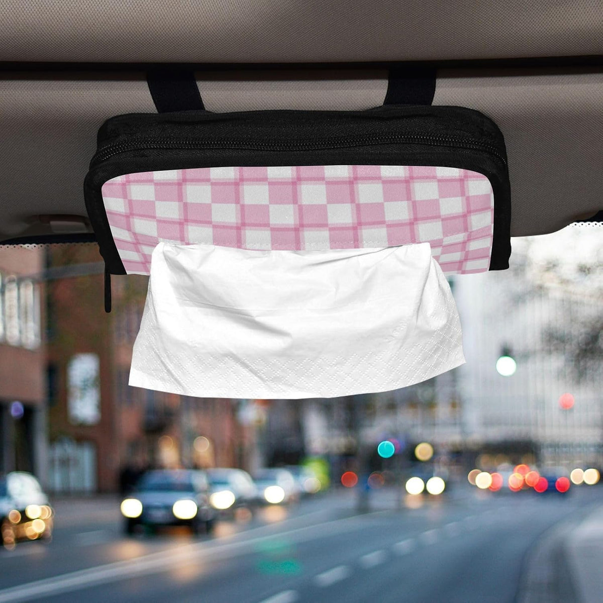 Car Tissue Holder Car Napkin Holder Car Tissue Box Dispenser Storage Case Sun Visor Mask Holder with Adjustable Straps Reusable Refillable Pink and White Checkerboard