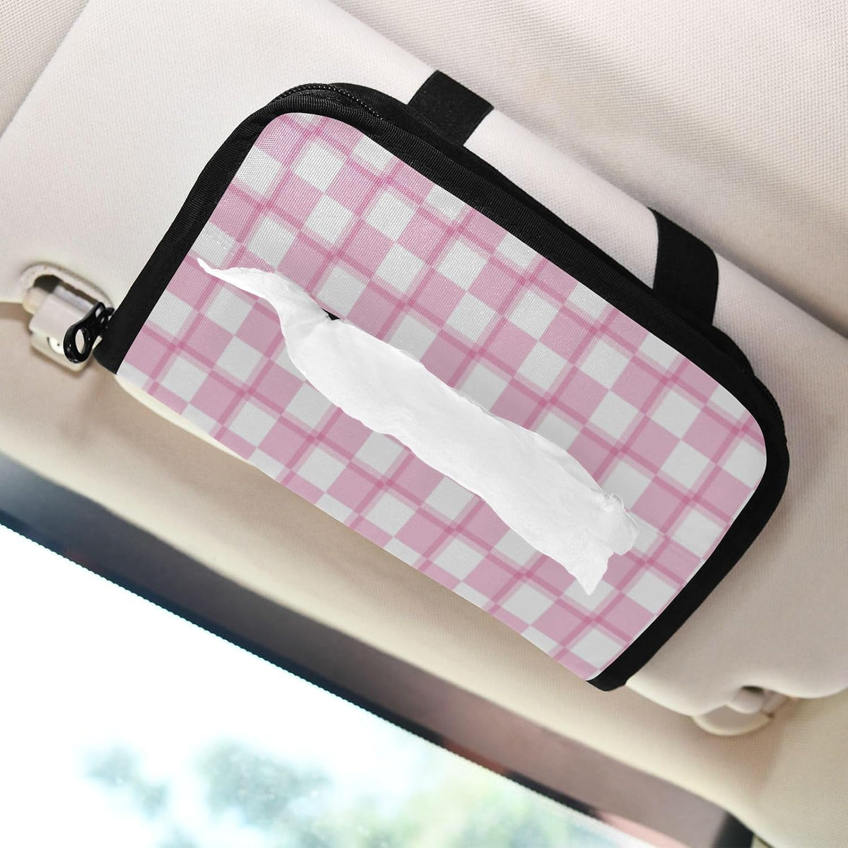 Car Tissue Holder Car Napkin Holder Car Tissue Box Dispenser Storage Case Sun Visor Mask Holder with Adjustable Straps Reusable Refillable Pink and White Checkerboard