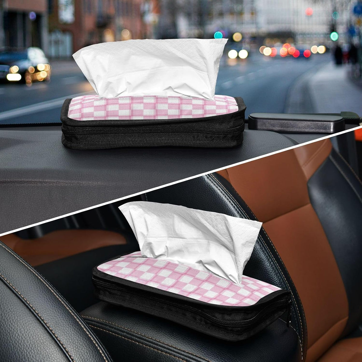Car Tissue Holder Car Napkin Holder Car Tissue Box Dispenser Storage Case Sun Visor Mask Holder with Adjustable Straps Reusable Refillable Pink and White Checkerboard