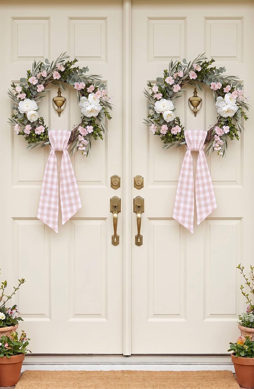 Peach Wreath Sash 2 Pack for Front Door, Spring Easter Baby Shower Gingham Buffalo Check Plaid Ribbon Bows, 5.12" x 54" Each Wedding Decor