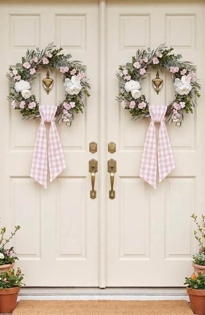 Peach Wreath Sash 2 Pack for Front Door, Spring Easter Baby Shower Gingham Buffalo Check Plaid Ribbon Bows, 5.12" x 54" Each Wedding Decor