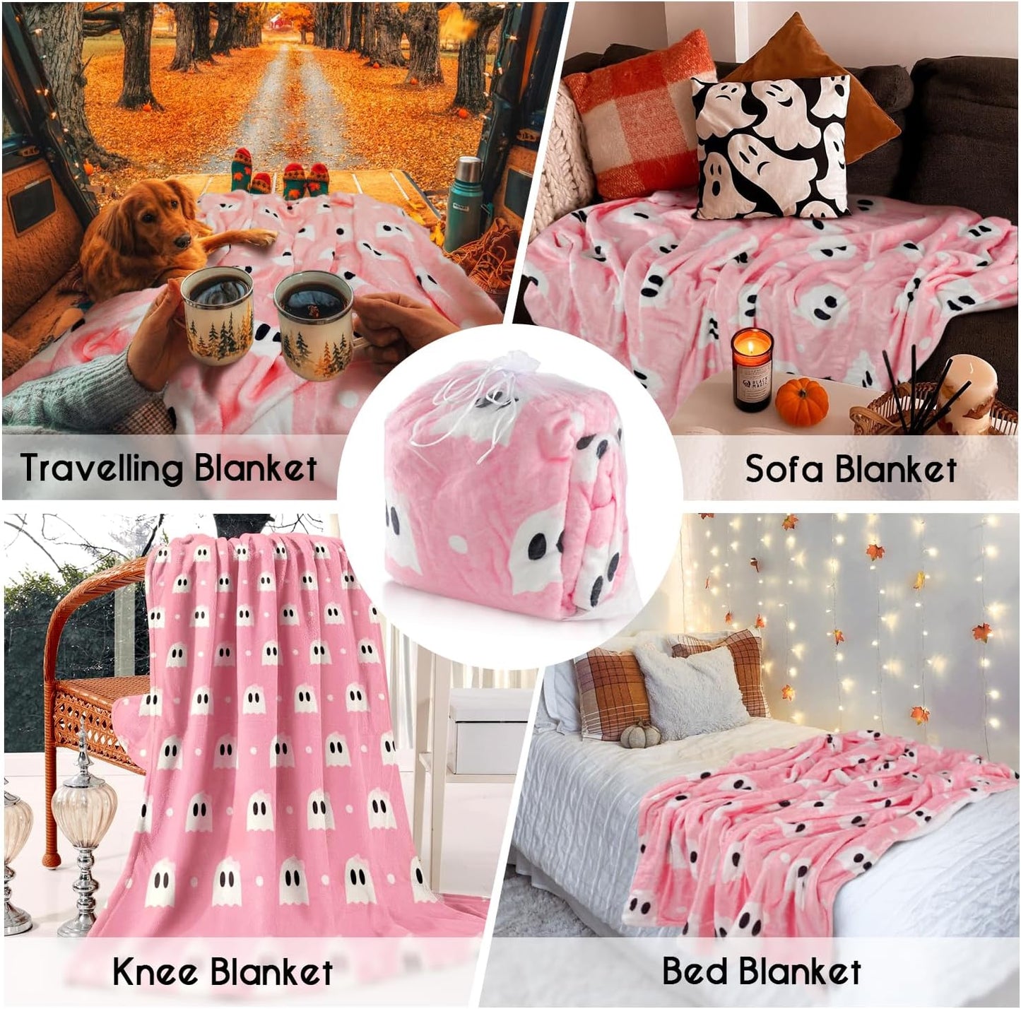 Halloween Blanket,Halloween Pink Polka Dots Spooky Ghost Fleece Blankets, for Women Flannel Throw Blanket for Home Living Room Couch Bed Chair or Dorm Decor 60"x50"