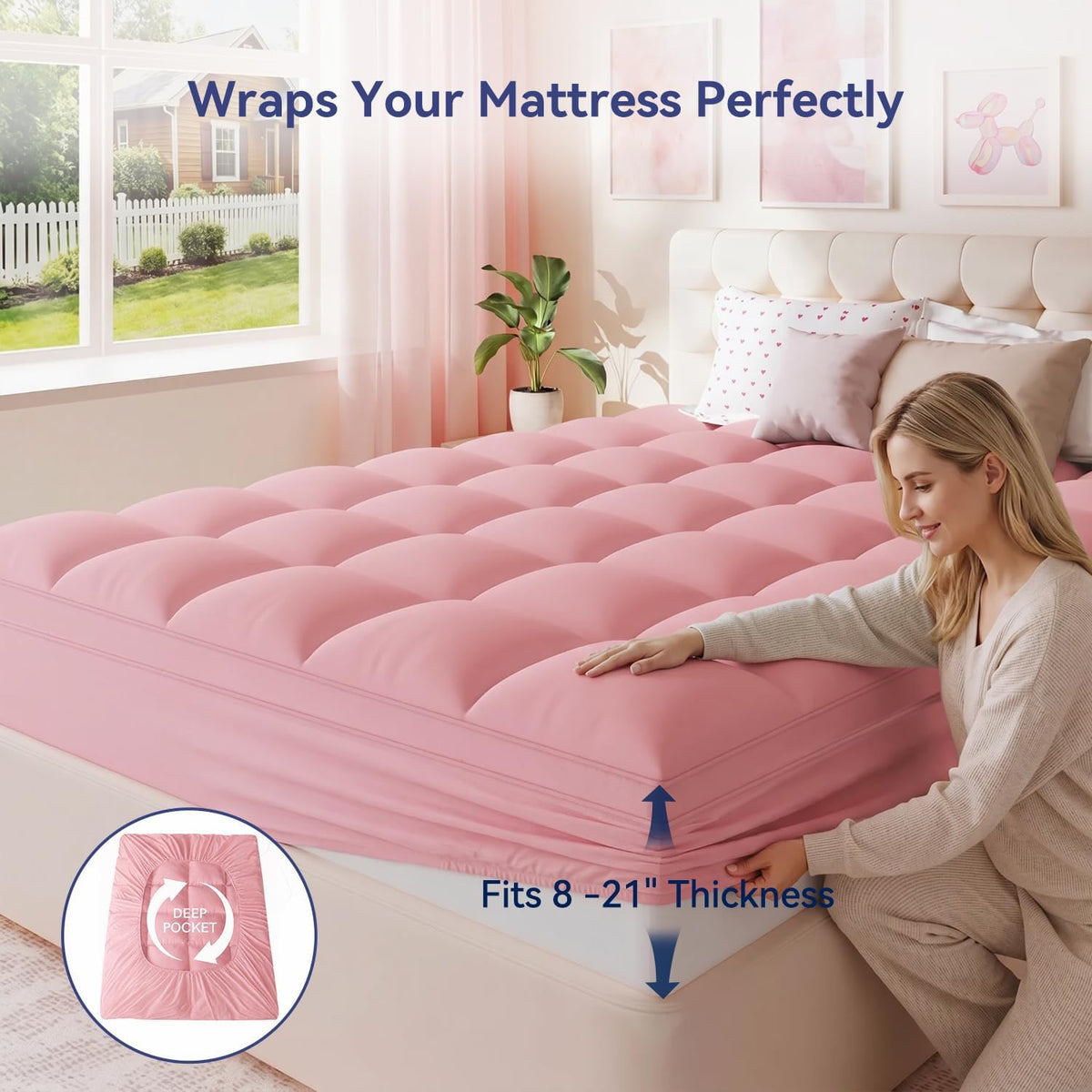 Pink Twin XL Mattress Topper for College Dorm, Plush Pillow top