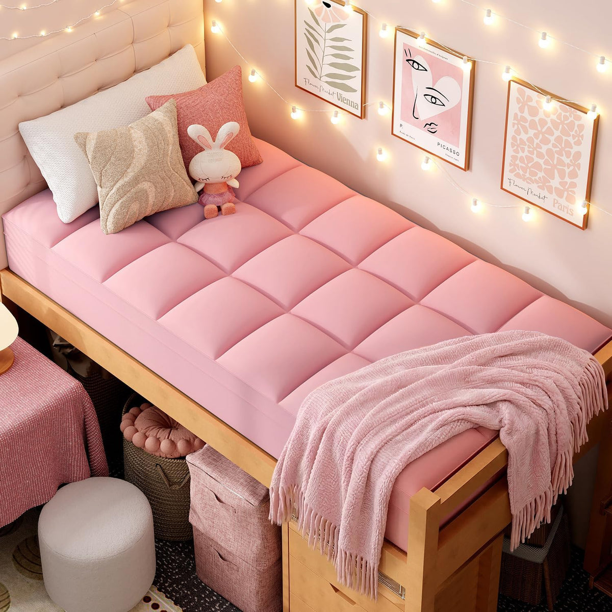Pink Twin XL Mattress Topper for College Dorm, Plush Pillow top