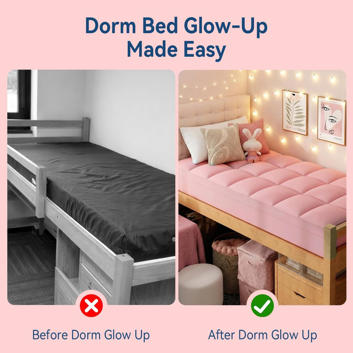 Pink Twin XL Mattress Topper for College Dorm, Plush Pillow top