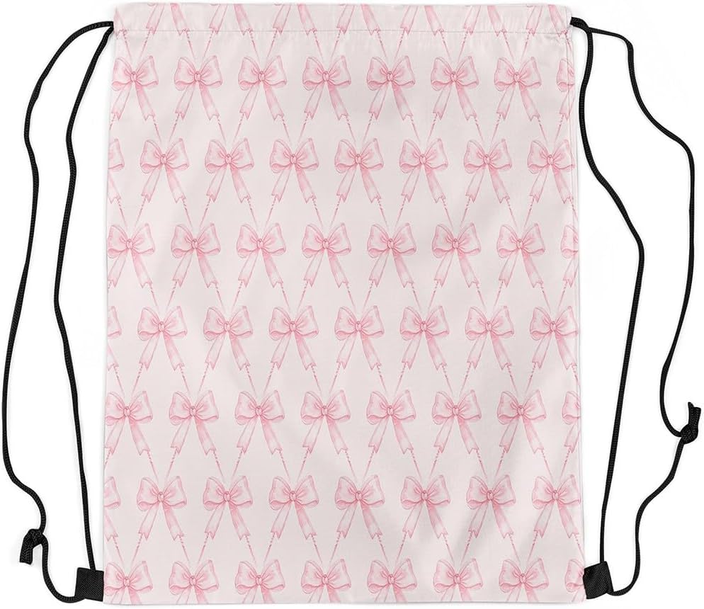 Bow Drawstring Backpack 13"x15.7" Pink Bow Sports Drawstring Sackpack Cute Bowknot Drawstring Bags Women Men Kawaii Waterproof Cinch Bag Bow and Stripes