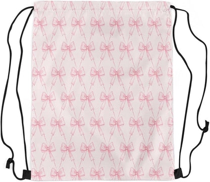 Bow Drawstring Backpack 13"x15.7" Pink Bow Sports Drawstring Sackpack Cute Bowknot Drawstring Bags Women Men Kawaii Waterproof Cinch Bag Bow and Stripes