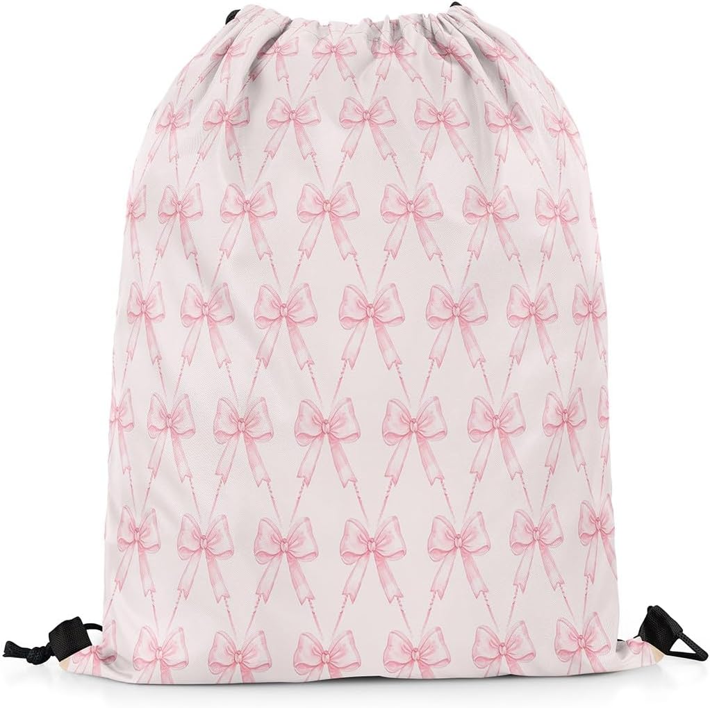 Bow Drawstring Backpack 13"x15.7" Pink Bow Sports Drawstring Sackpack Cute Bowknot Drawstring Bags Women Men Kawaii Waterproof Cinch Bag Bow and Stripes