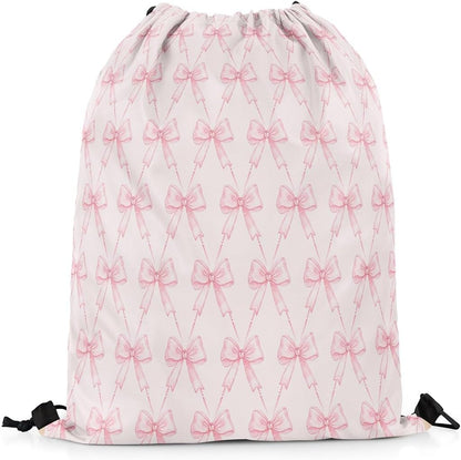 Bow Drawstring Backpack 13"x15.7" Pink Bow Sports Drawstring Sackpack Cute Bowknot Drawstring Bags Women Men Kawaii Waterproof Cinch Bag Bow and Stripes