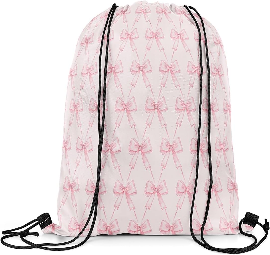 Bow Drawstring Backpack 13"x15.7" Pink Bow Sports Drawstring Sackpack Cute Bowknot Drawstring Bags Women Men Kawaii Waterproof Cinch Bag Bow and Stripes