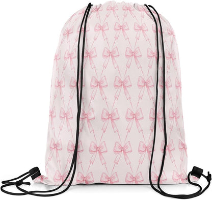 Bow Drawstring Backpack 13"x15.7" Pink Bow Sports Drawstring Sackpack Cute Bowknot Drawstring Bags Women Men Kawaii Waterproof Cinch Bag Bow and Stripes