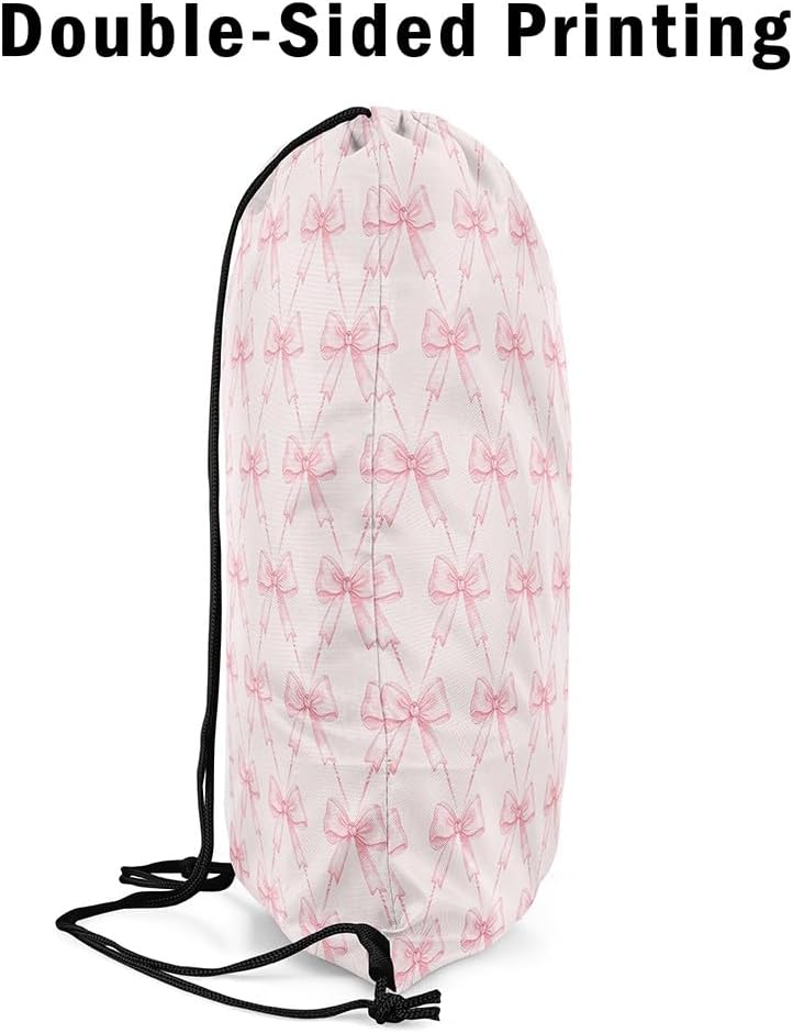 Bow Drawstring Backpack 13"x15.7" Pink Bow Sports Drawstring Sackpack Cute Bowknot Drawstring Bags Women Men Kawaii Waterproof Cinch Bag Bow and Stripes