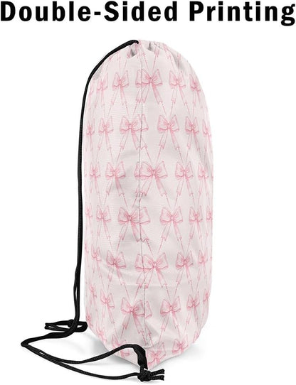 Bow Drawstring Backpack 13"x15.7" Pink Bow Sports Drawstring Sackpack Cute Bowknot Drawstring Bags Women Men Kawaii Waterproof Cinch Bag Bow and Stripes