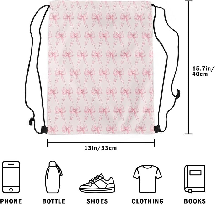 Bow Drawstring Backpack 13"x15.7" Pink Bow Sports Drawstring Sackpack Cute Bowknot Drawstring Bags Women Men Kawaii Waterproof Cinch Bag Bow and Stripes