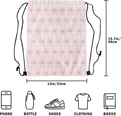 Bow Drawstring Backpack 13"x15.7" Pink Bow Sports Drawstring Sackpack Cute Bowknot Drawstring Bags Women Men Kawaii Waterproof Cinch Bag Bow and Stripes