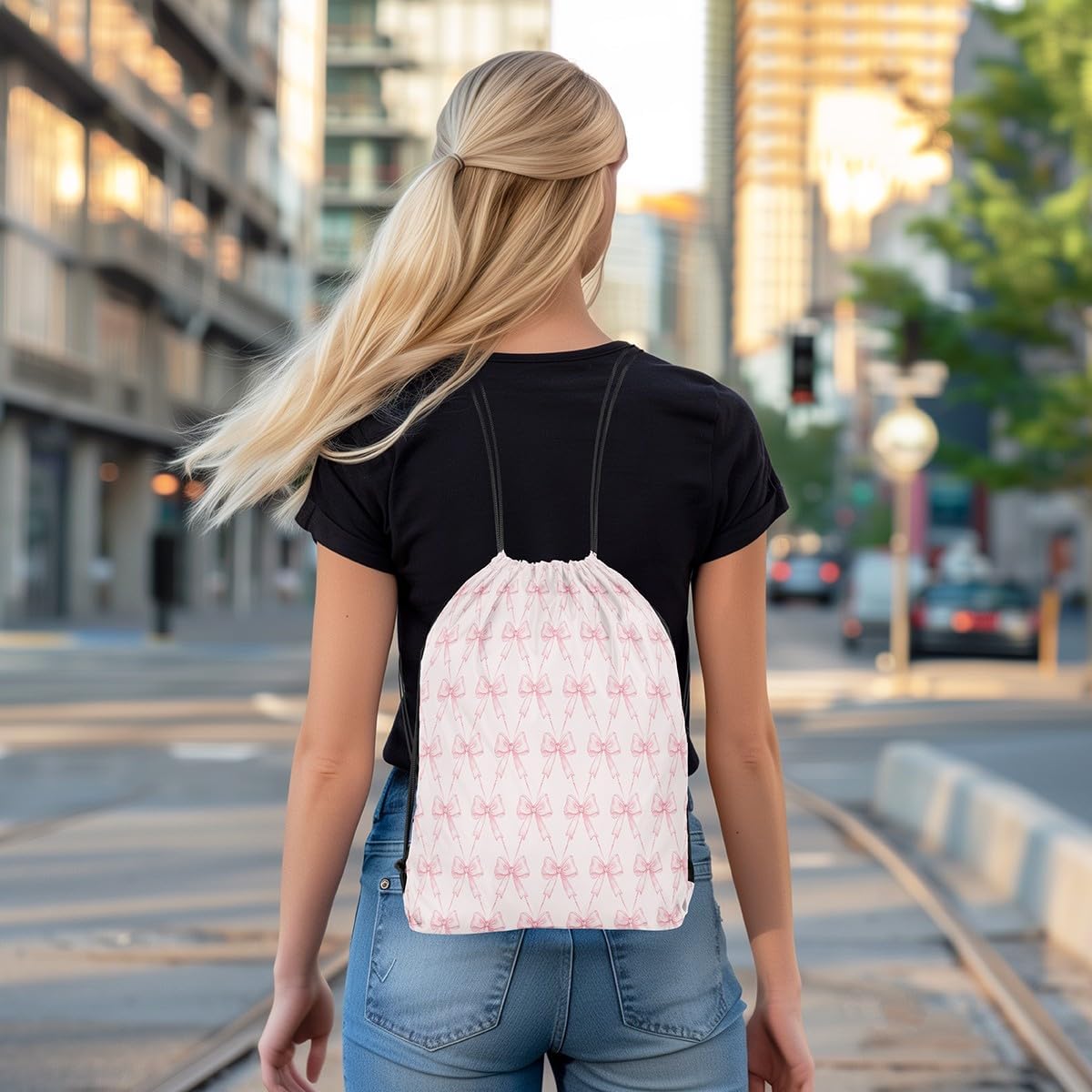 Bow Drawstring Backpack 13"x15.7" Pink Bow Sports Drawstring Sackpack Cute Bowknot Drawstring Bags Women Men Kawaii Waterproof Cinch Bag Bow and Stripes