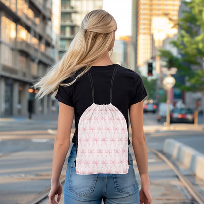 Bow Drawstring Backpack 13"x15.7" Pink Bow Sports Drawstring Sackpack Cute Bowknot Drawstring Bags Women Men Kawaii Waterproof Cinch Bag Bow and Stripes