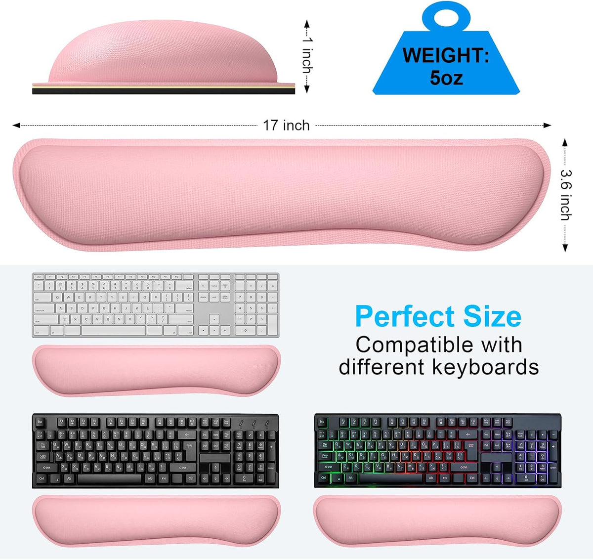 Enlarge Keyboard Wrist Rest, Memory Foam Keyboard Wrist Cushion for Computer Desk Mats Support, Typing Pain Relief Ergonomic Mouse Pad Rests with Non-Slip Base for Gaming, Laptop, Rose Pink