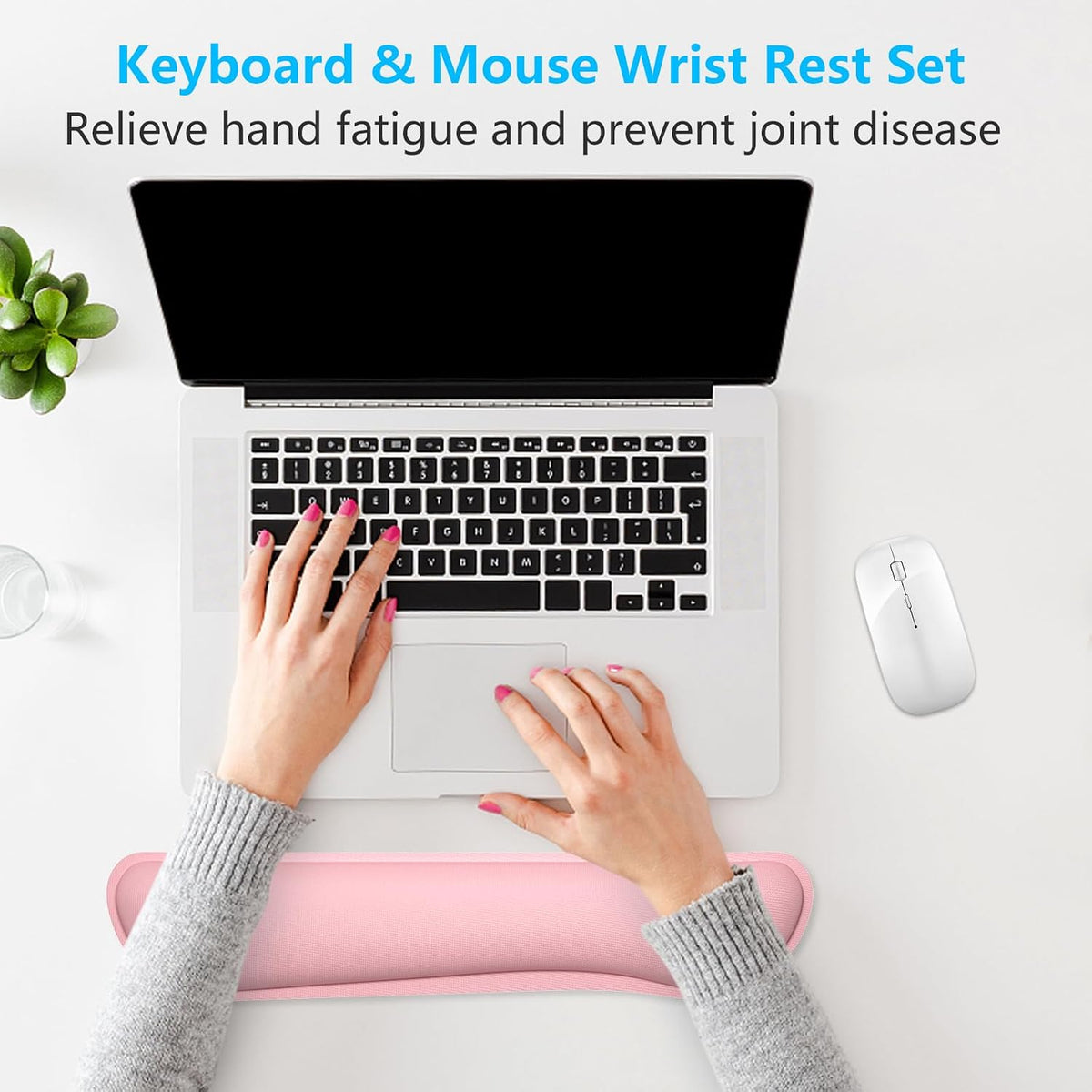 Enlarge Keyboard Wrist Rest, Memory Foam Keyboard Wrist Cushion for Computer Desk Mats Support, Typing Pain Relief Ergonomic Mouse Pad Rests with Non-Slip Base for Gaming, Laptop, Rose Pink