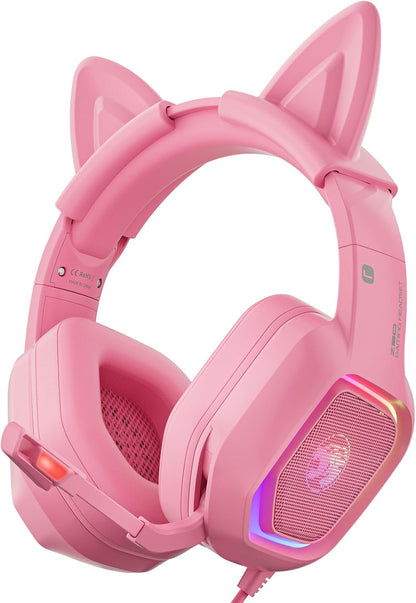 Pink Wired Gaming Headset with Detachable Cat Ears