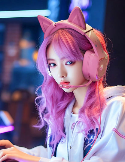 Pink Wired Gaming Headset with Detachable Cat Ears