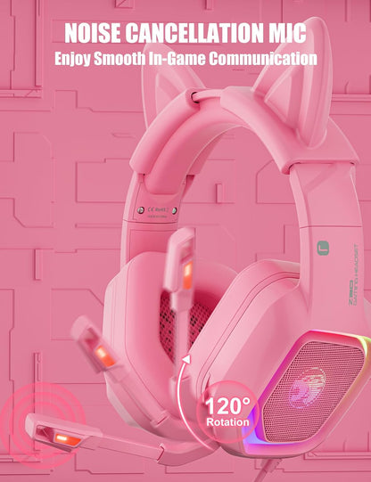 Pink Wired Gaming Headset with Detachable Cat Ears