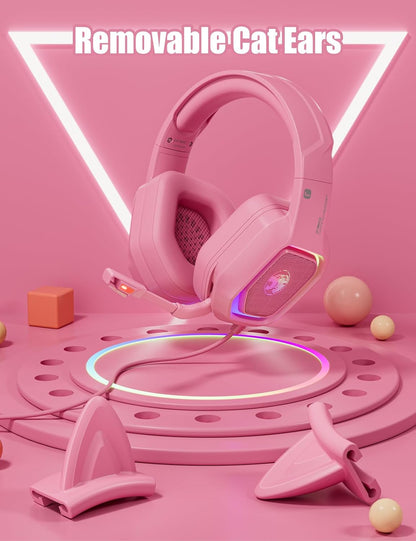 Pink Wired Gaming Headset with Detachable Cat Ears