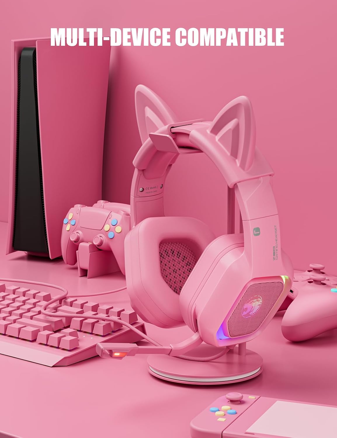 Pink Wired Gaming Headset with Detachable Cat Ears