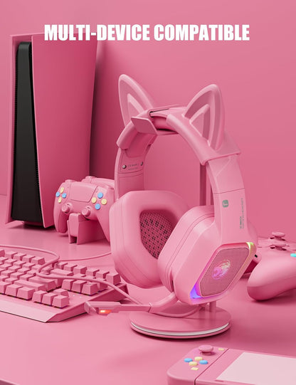 Pink Wired Gaming Headset with Detachable Cat Ears